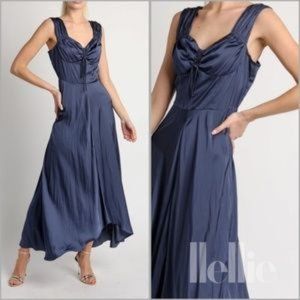 NWT ANTHRO Sapphire Blue Satin Dress, Maxi Gown